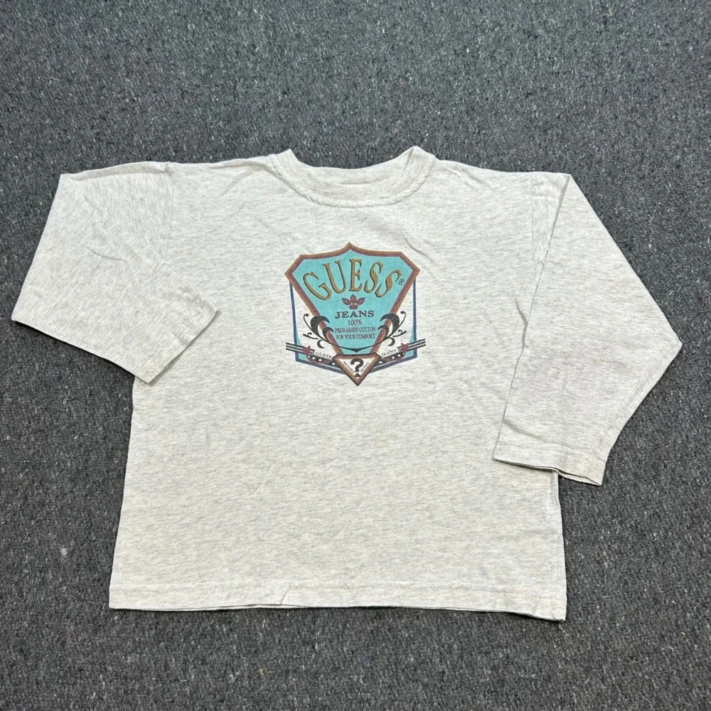 Guess Shirt XL Kids Gray Long Sleeve Vintage 90s Crest Logo Made in USA‎ Cotton